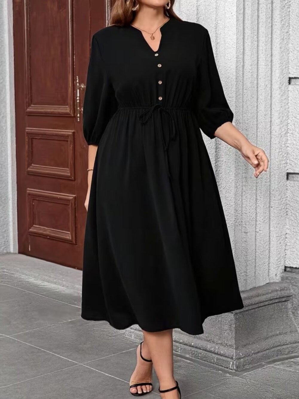 Black V-Neck Button-Front Midi Dress
